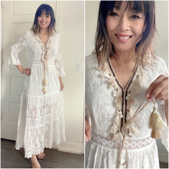 04 Floral Lace Tassel Pom Pom V neck maxi Dress - Picture 4 of 8